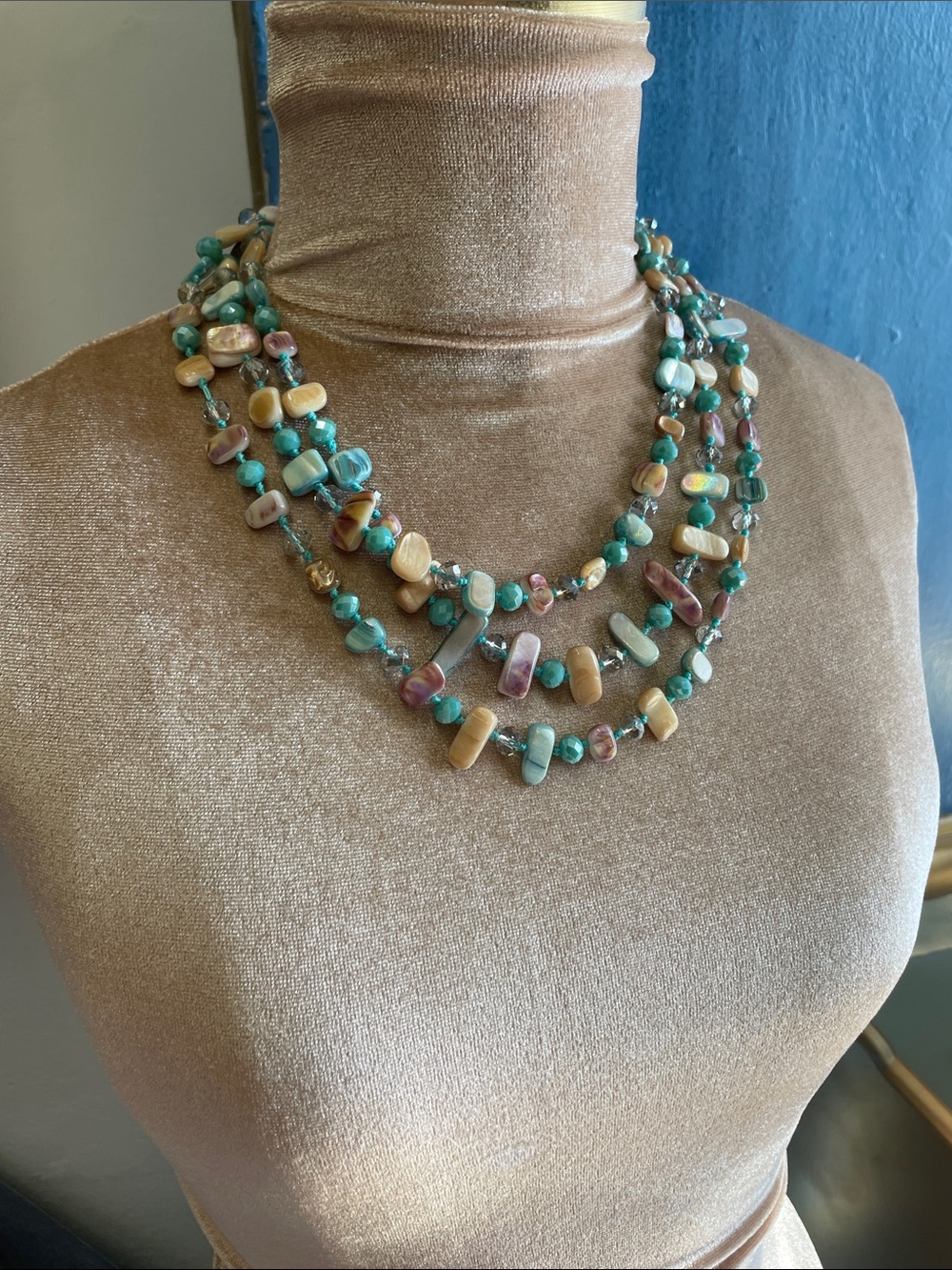 Multistrand Turquoise & Cream Bead Necklace